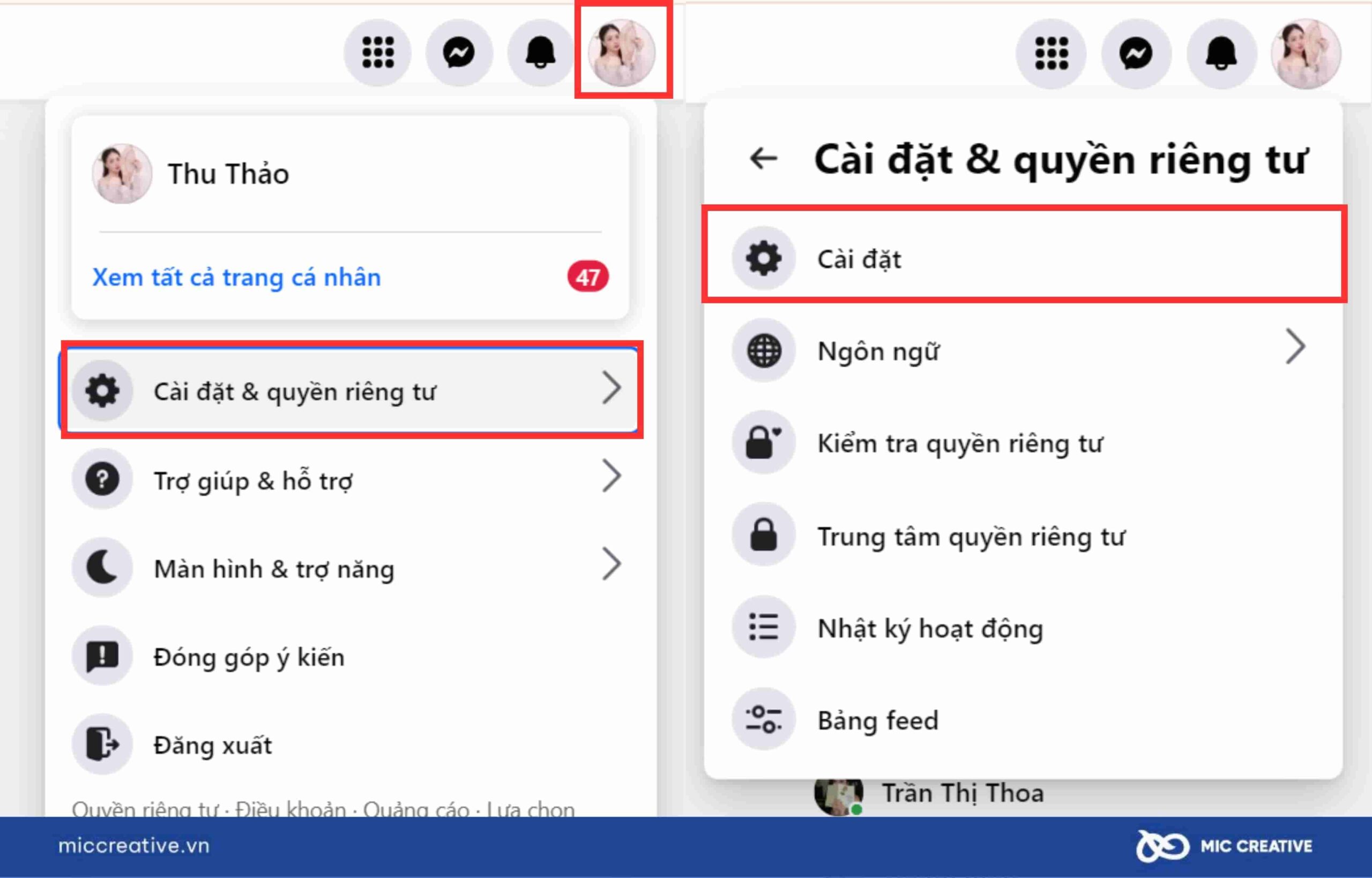 Vào cài đặt ở Facbook