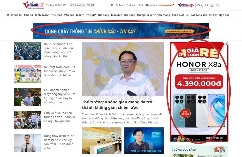 Ví dụ về quảng cáo trên trang báo Vietnamnet