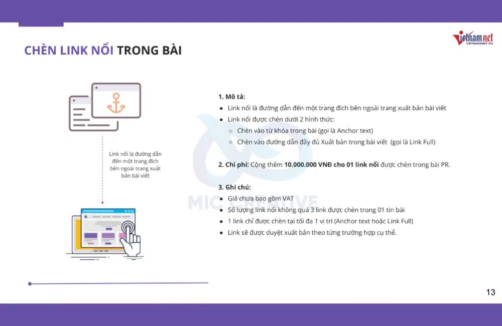 Báo giá bài PR Vietnamnet chèn link nổi trong bài