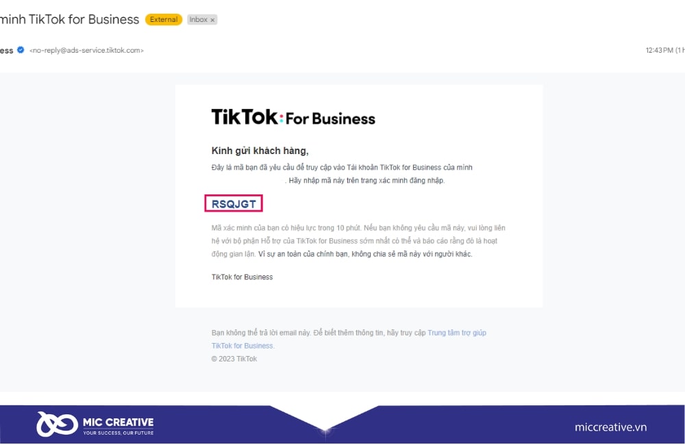 Nhập mã xác nhận từ TikTok