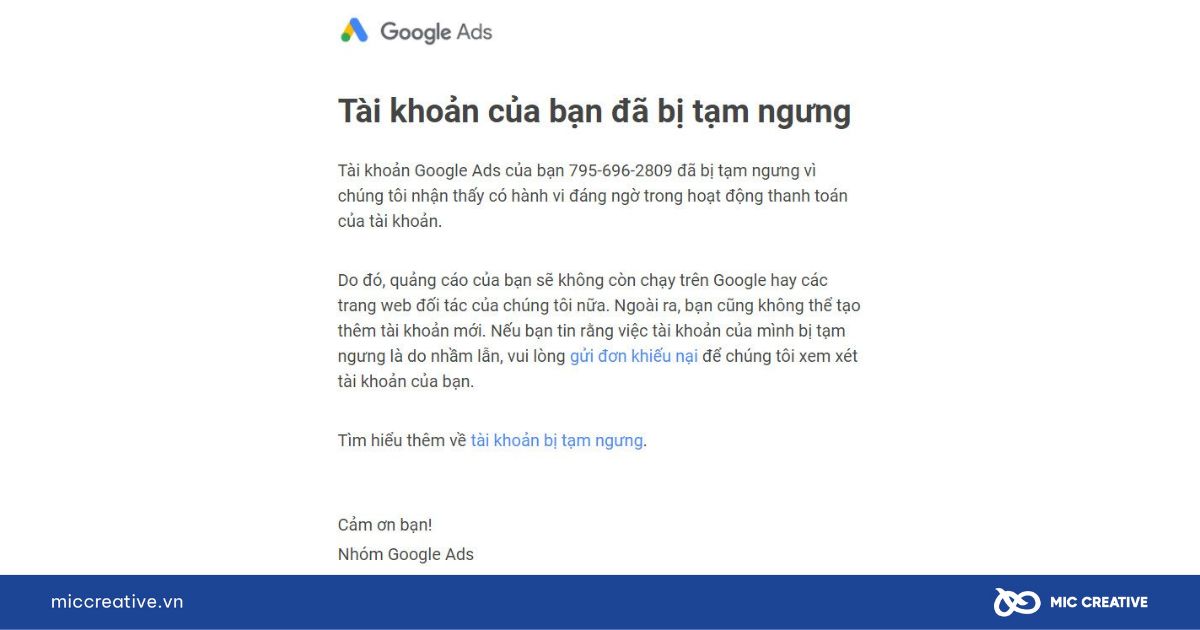 Quảng cáo đủ điều kiện nhưng không hiển thị là do tài khoản của bạn bị tạm ngưng