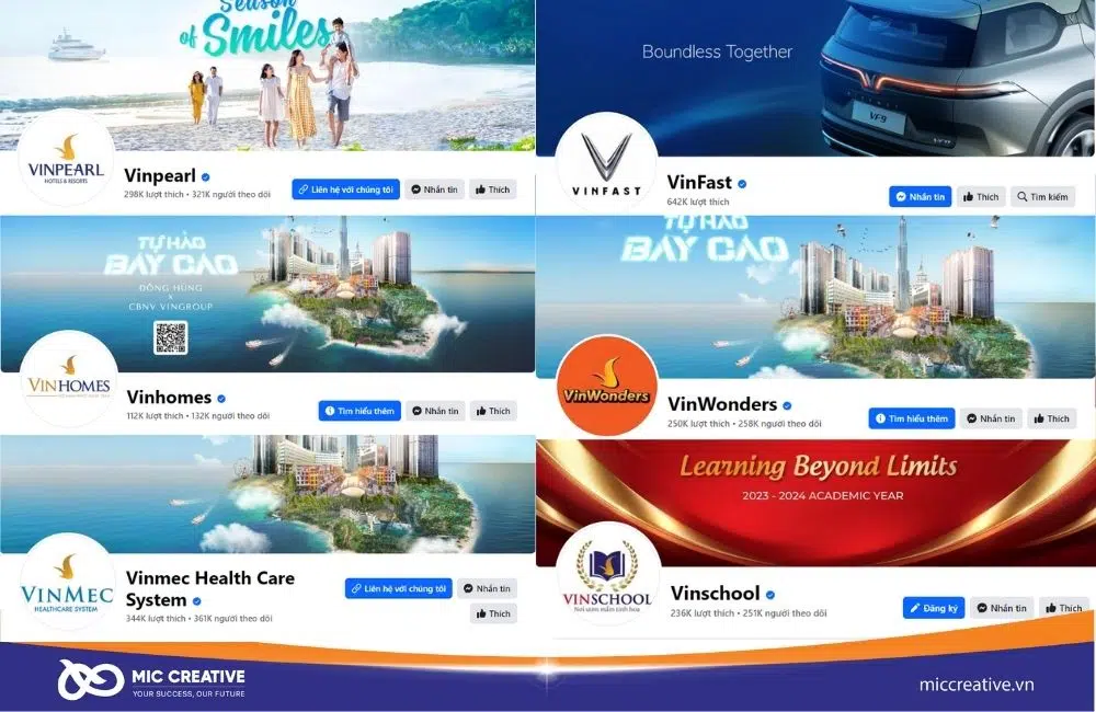 Các Fanpage tương ứng với dịch vụ của VinGroup