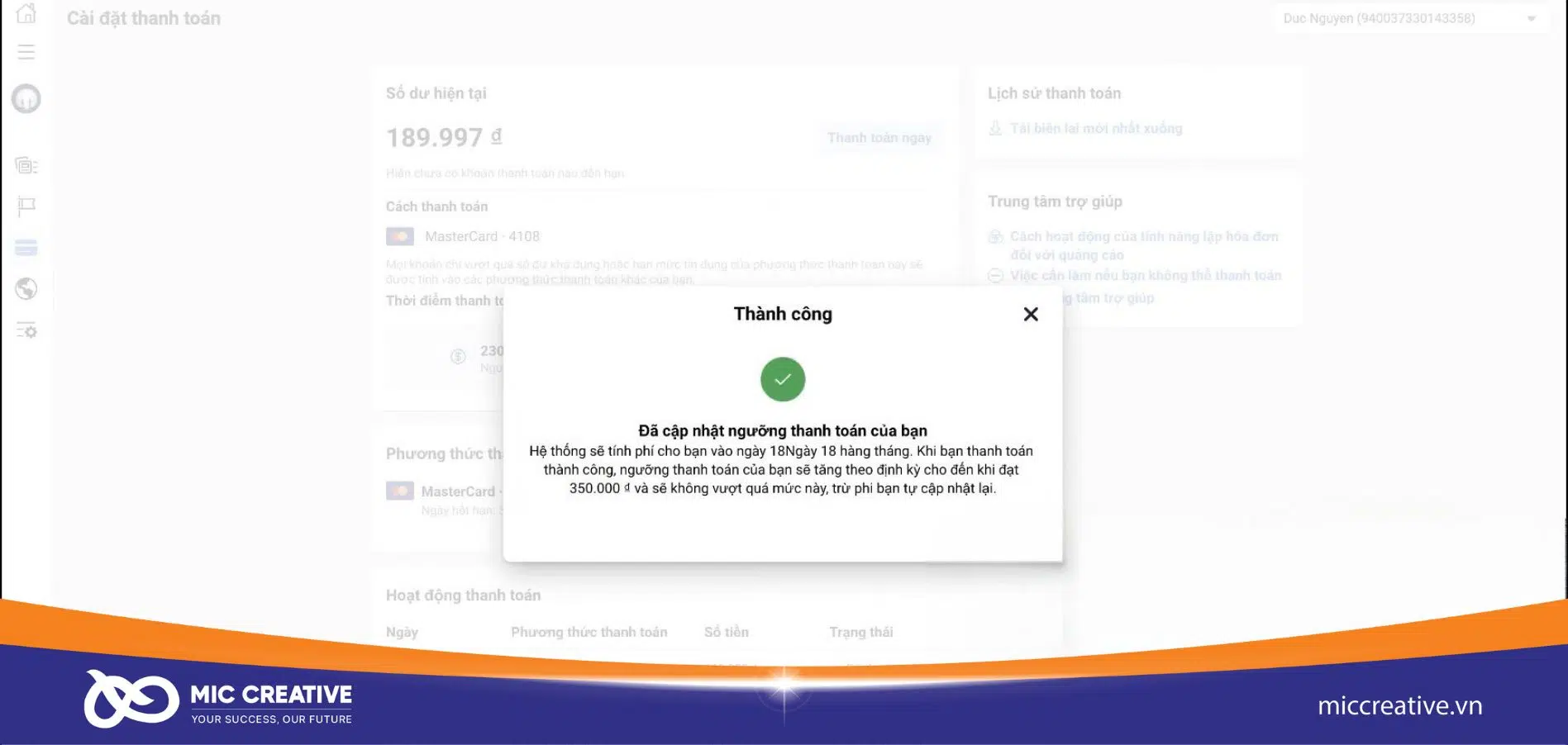 Popup ngưỡng thanh toán Facebook đã được cập nhật thành công