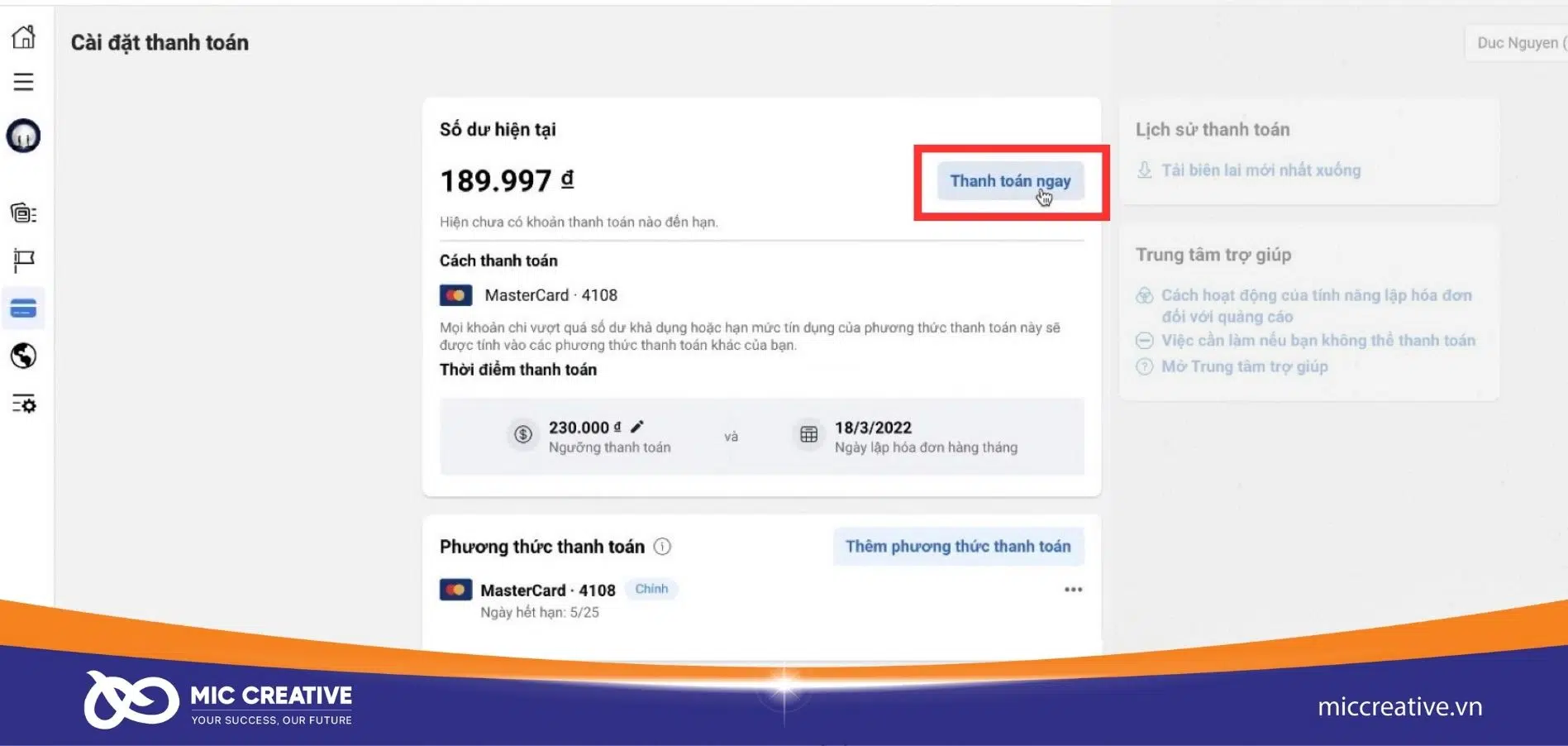Sau khi lưu ngưỡng hãy ấn thanh toán ngay để được xử lý