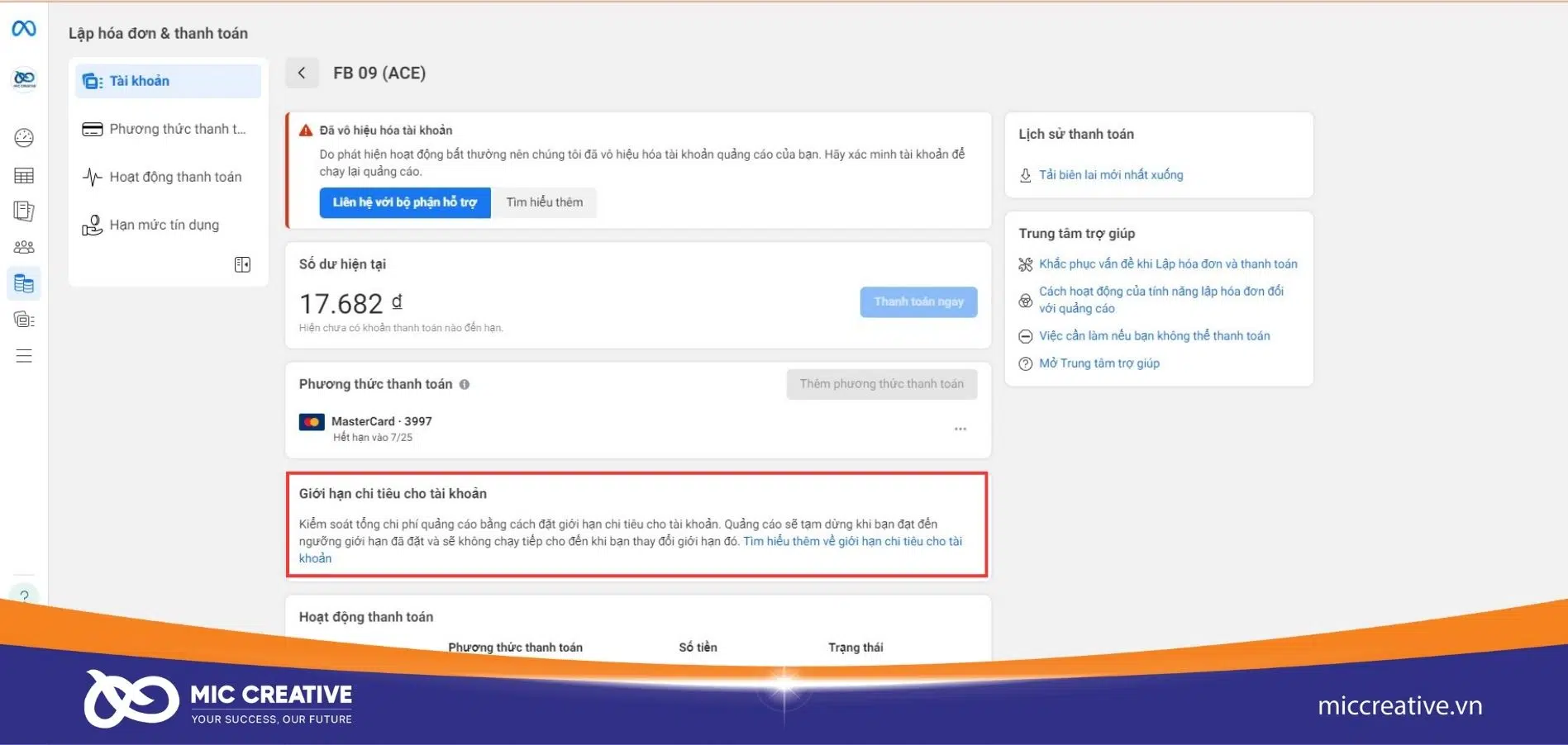 Xem giới hạn chi tiêu tài khoản ở ngưỡng thanh toán Facebook