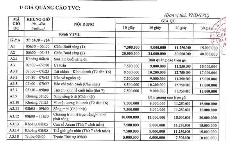 Demo bảng giá quảng cáo TVC tại kênh VTV1 - Update 2024