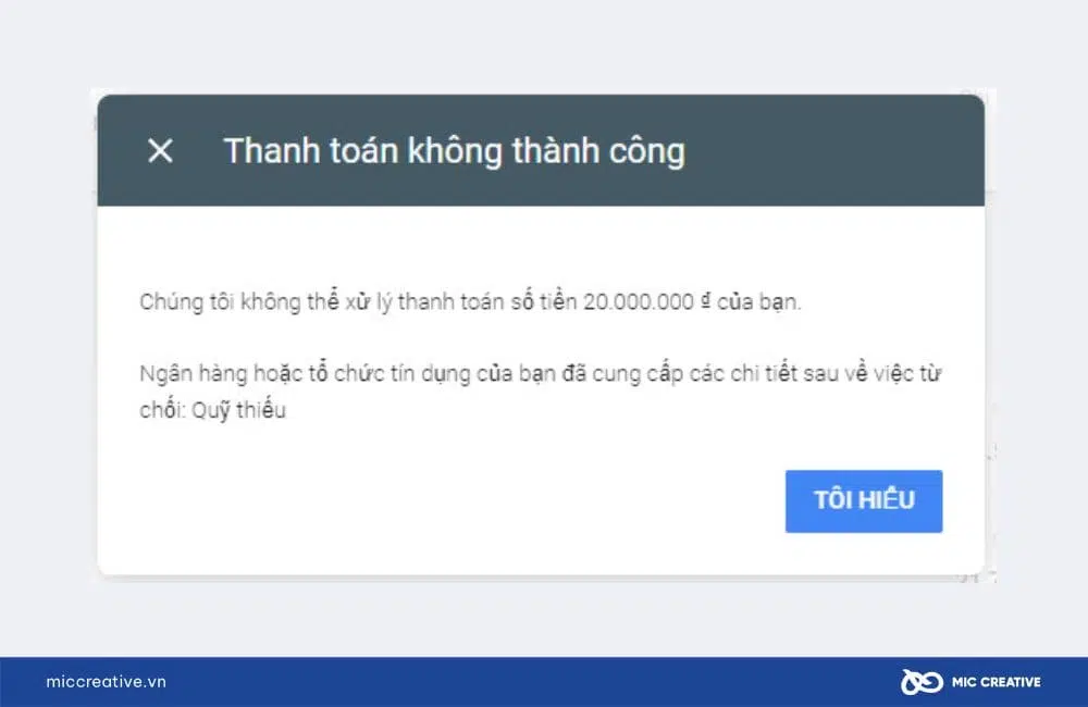 Thông báo thanh toán không thành công do số dư không đủ