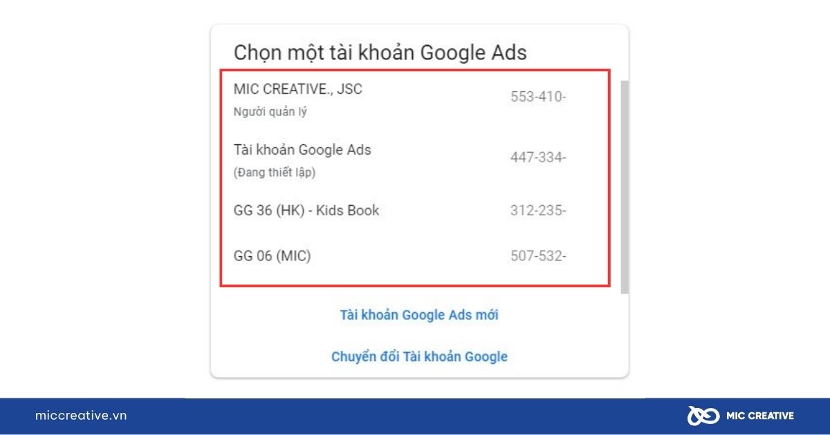 Chọn tài khoản Google Ads để đăng nhập