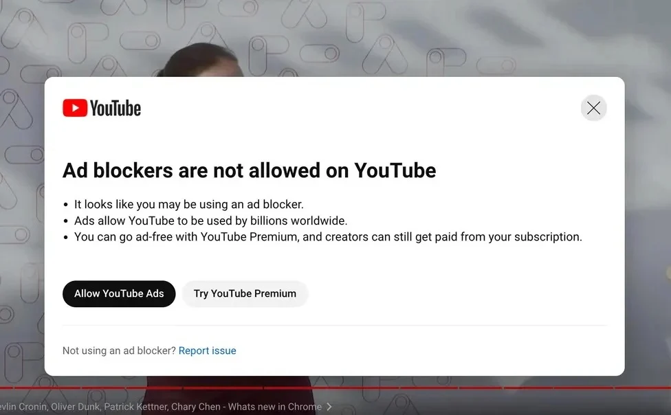 Youtube chặn phần mềm chặn quảng cáo