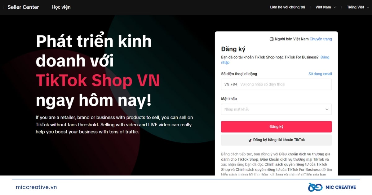 Lập tài khoản TikTok Shop