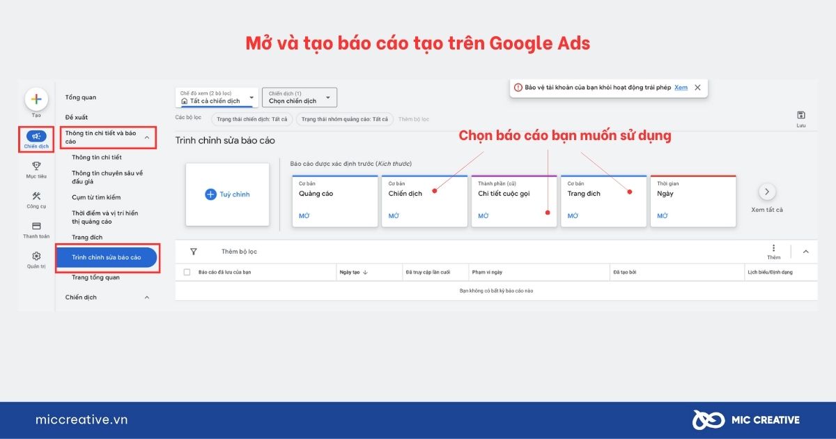 Cách mở và tạo báo cáo trên Google Ads