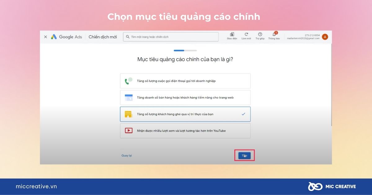 Chọn mục tiêu quảng cáo chính