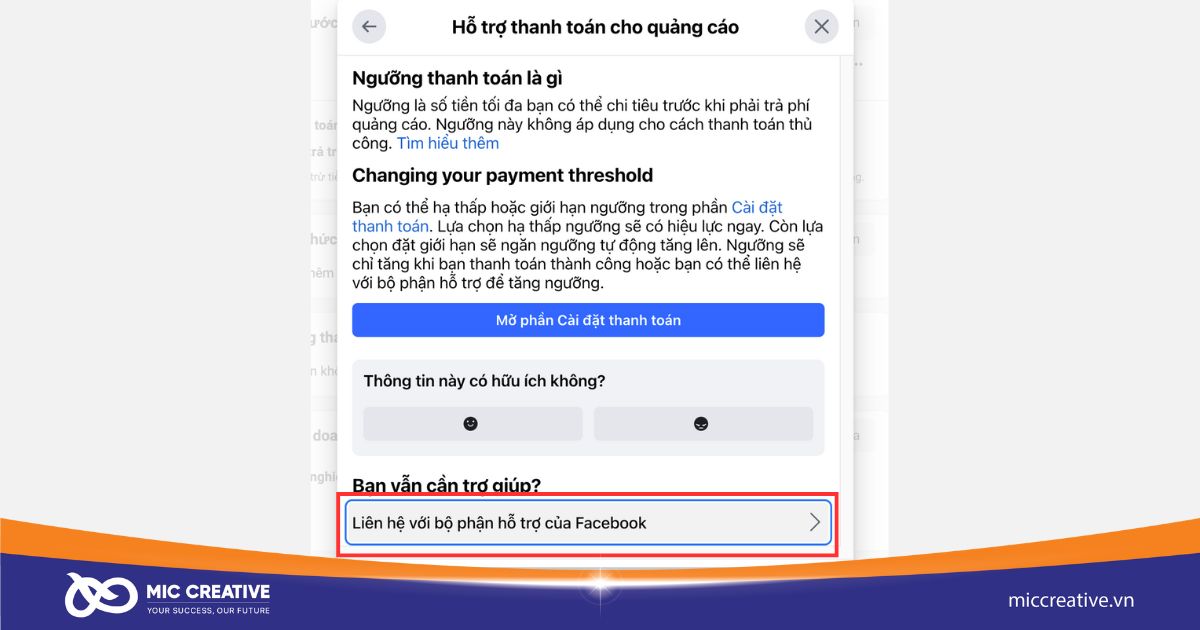 Chọn Liên hệ với bộ phận hỗ trợ của Facebook.