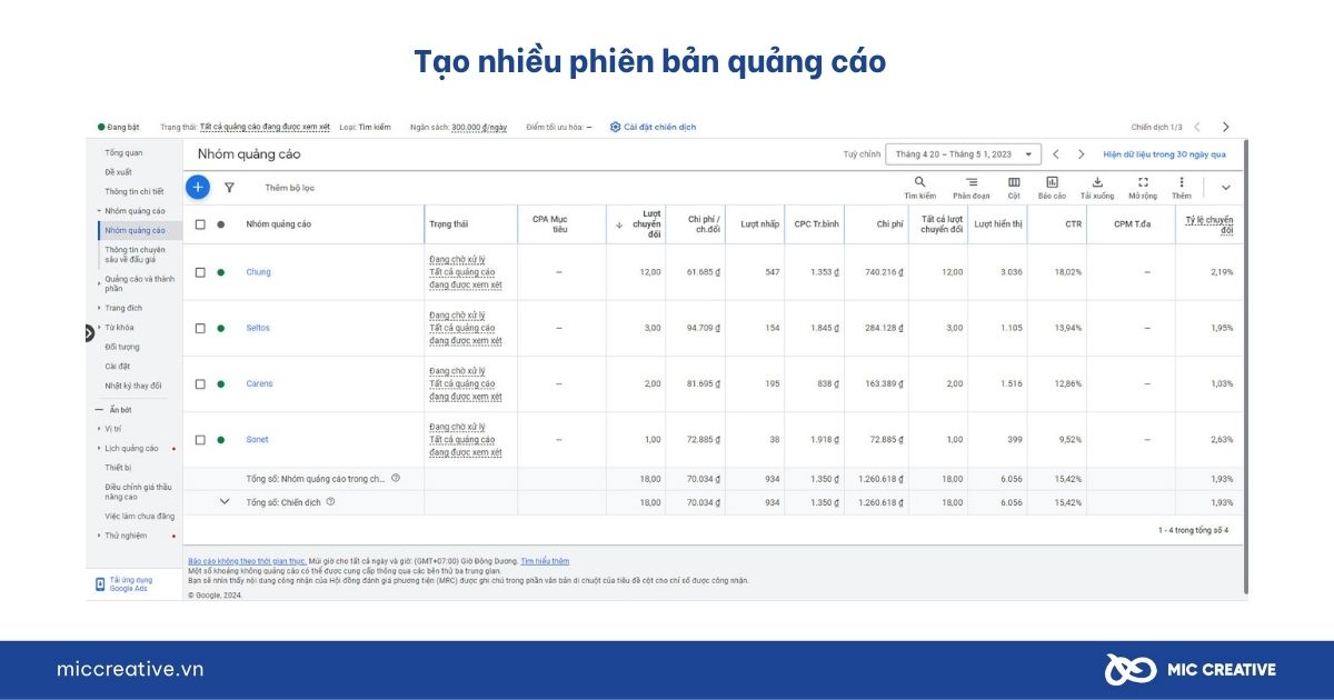 Tạo nhiều phiên bản quảng cáo