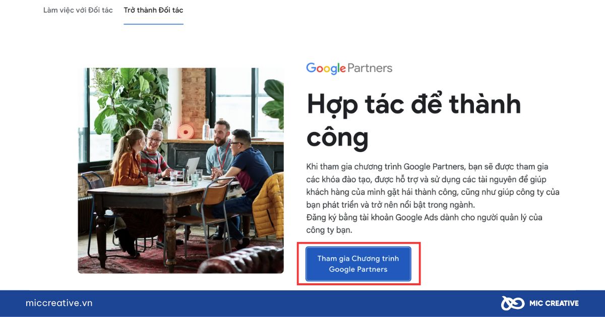 Truy cập vào trang Google Partners và chọn Tham gia Google Partners