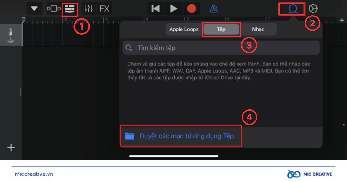 Các bước chọn File nhạc trong GarageBand