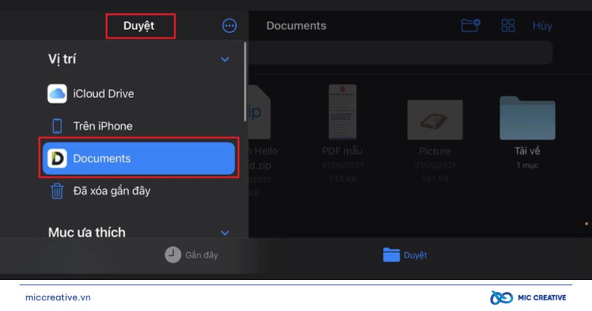 Chọn Duyệt và ứng dụng Documents