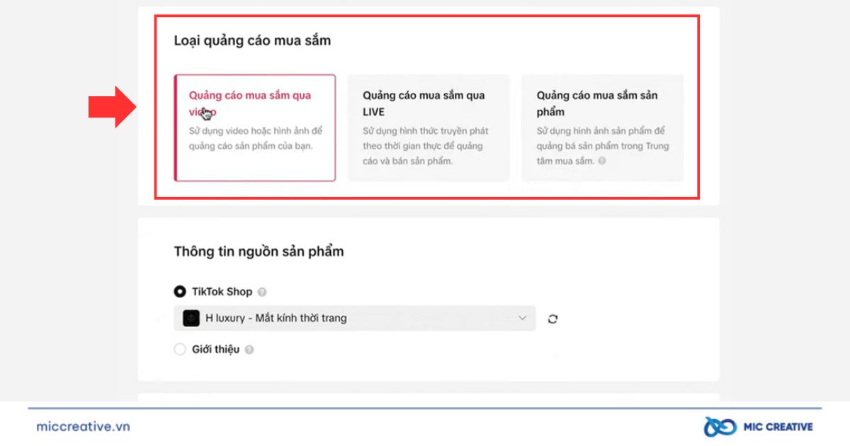 Chọn loại quảng cáo TikTok Shop