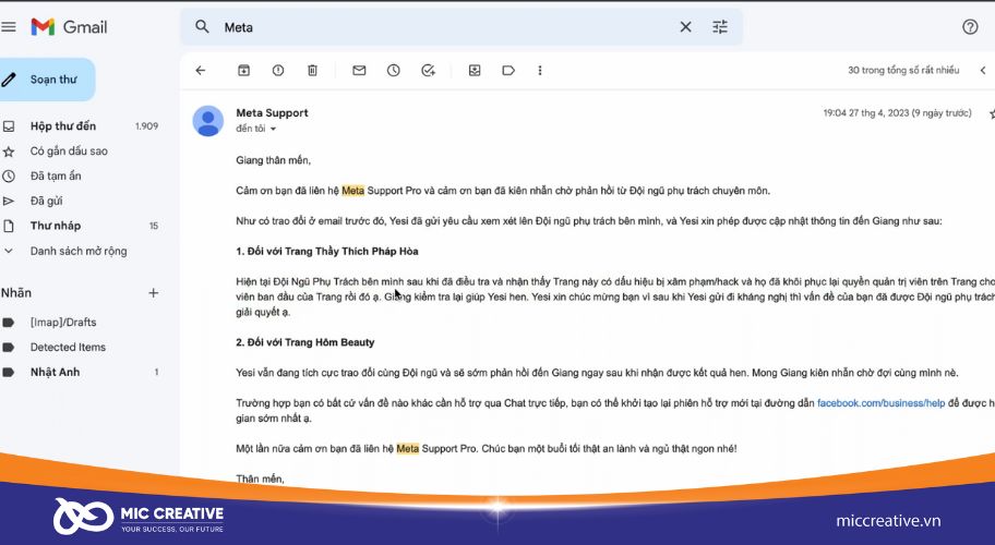 Facebook gửi Email thông báo kết quả