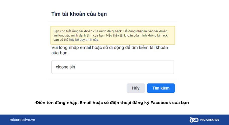 Điền tên đăng nhập, Email hoặc số điện thoại đăng ký Facebook của bạn