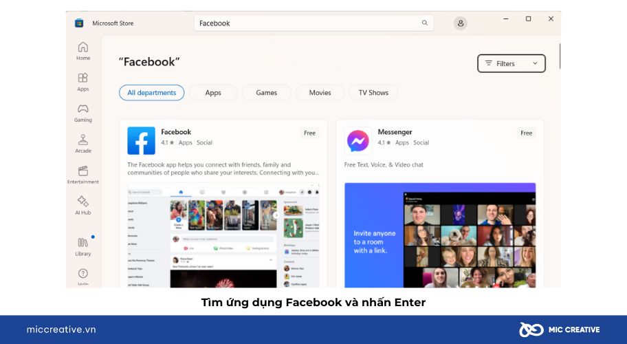 Tìm ứng dụng Facebook và nhấn Enter