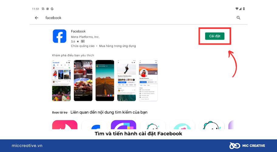 Tìm và tiến hành cài đặt Facebook