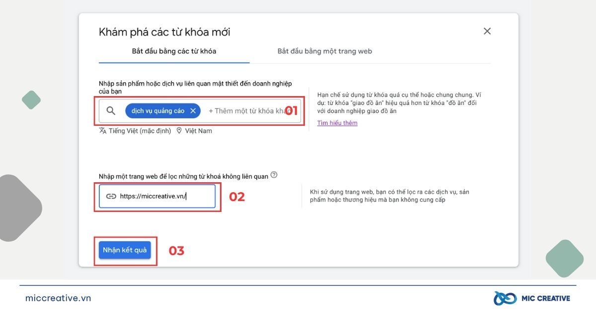 Bắt đầu bằng các từ khoá và nhận kết quả