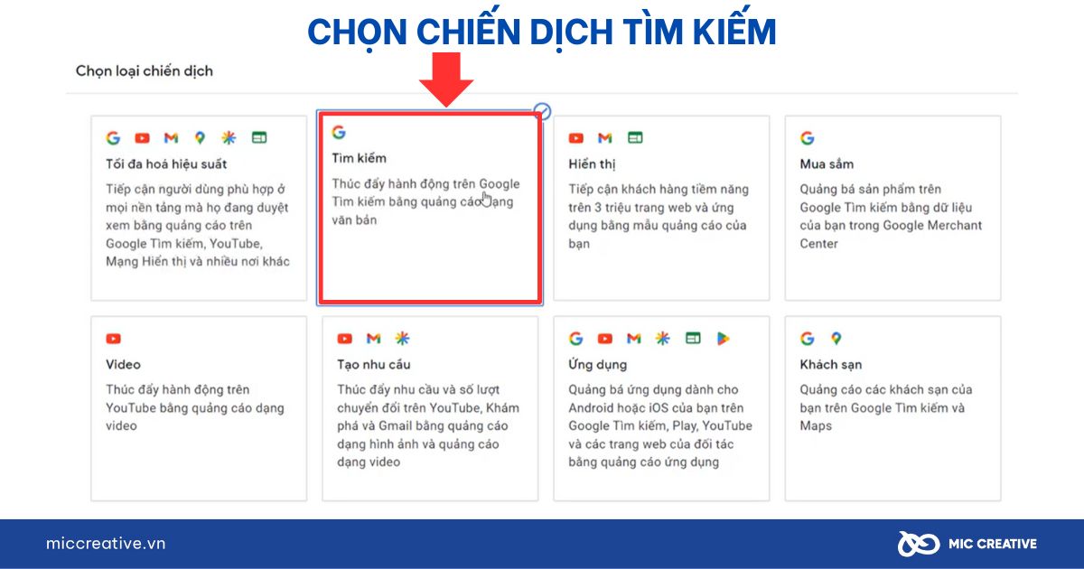 Lựa chọn chiến dịch tìm kiếm Google Ads