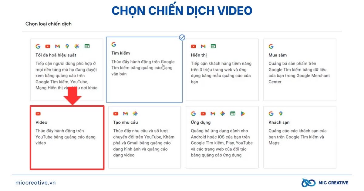 Lựa chọn chiến dịch quảng cáo Video Google Ads