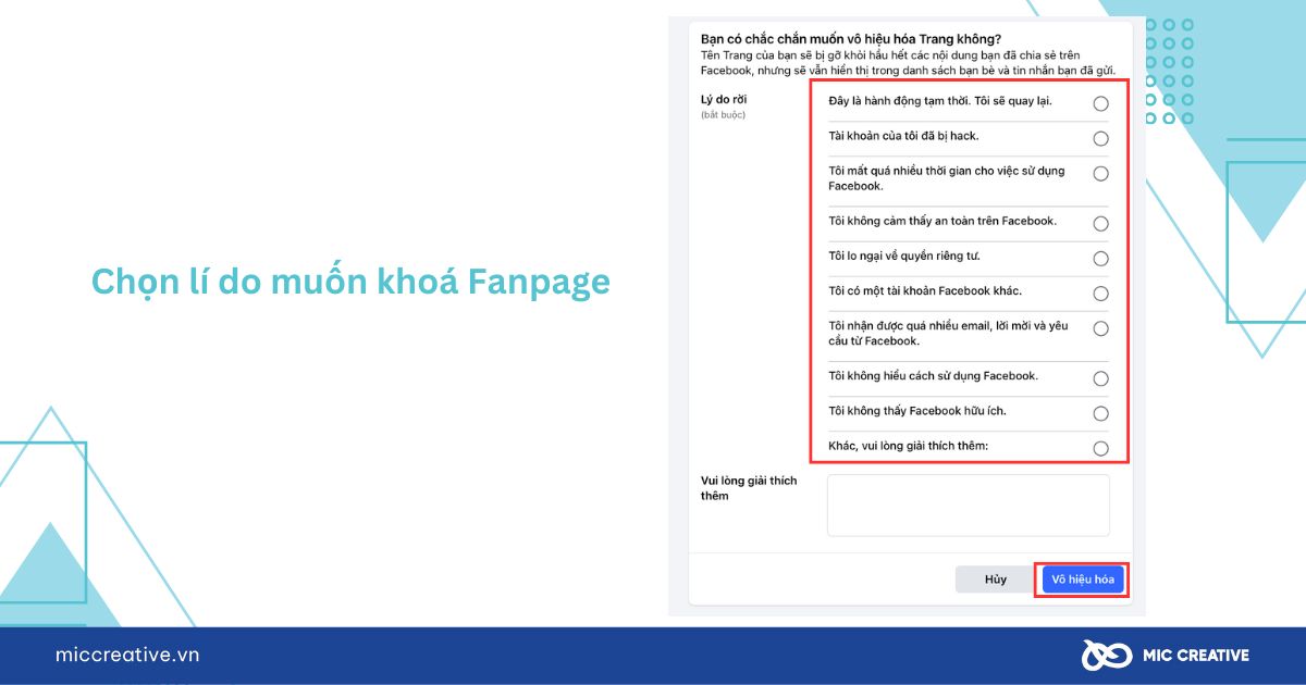 Chọn lý do rồi nhấp vào Vô hiệu hoá