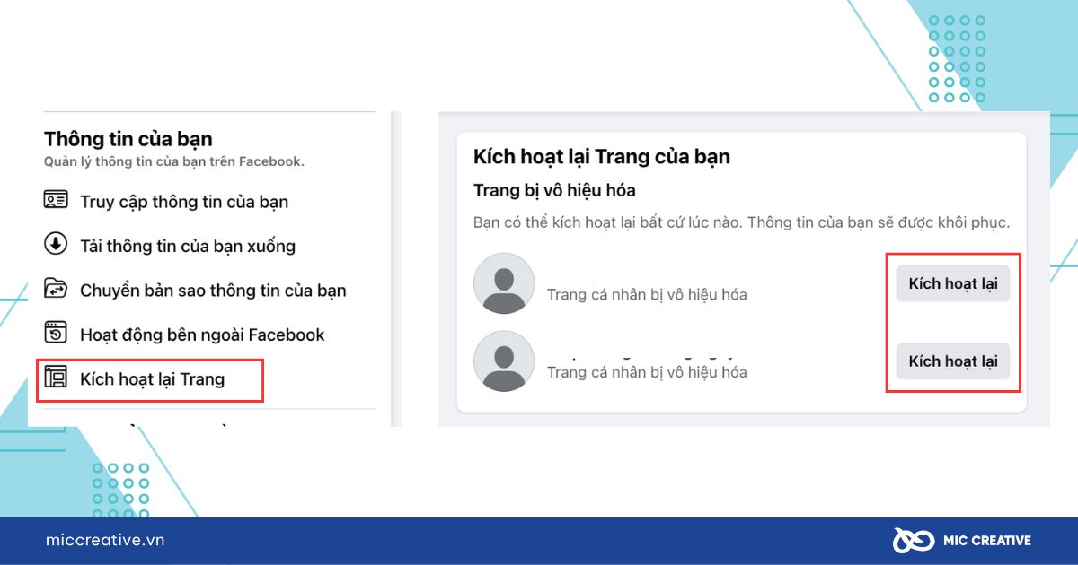 Kích hoạt lại Fanpage