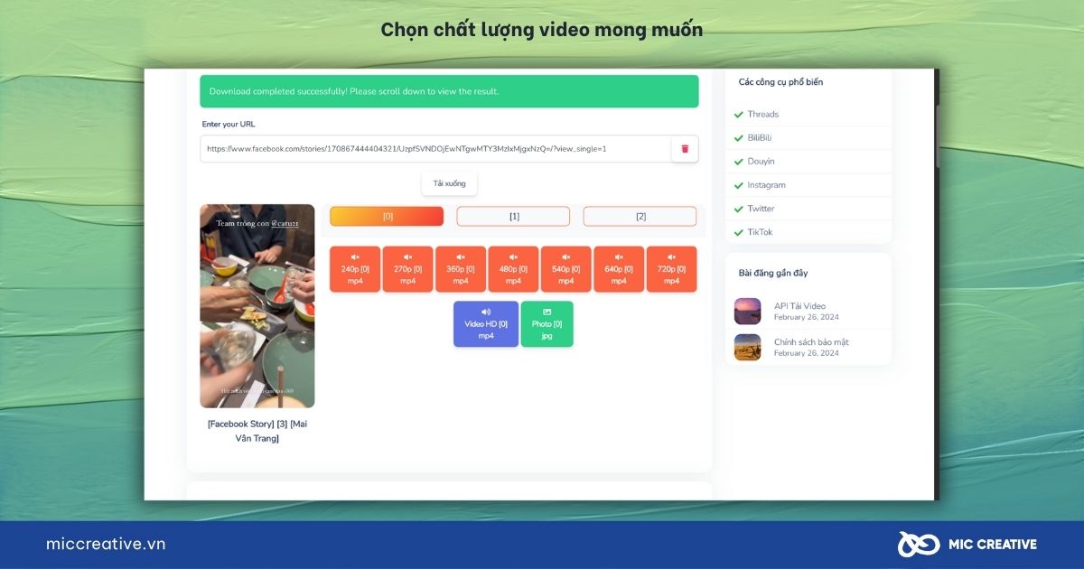 Chọn chất lượng Video bạn muốn tải về