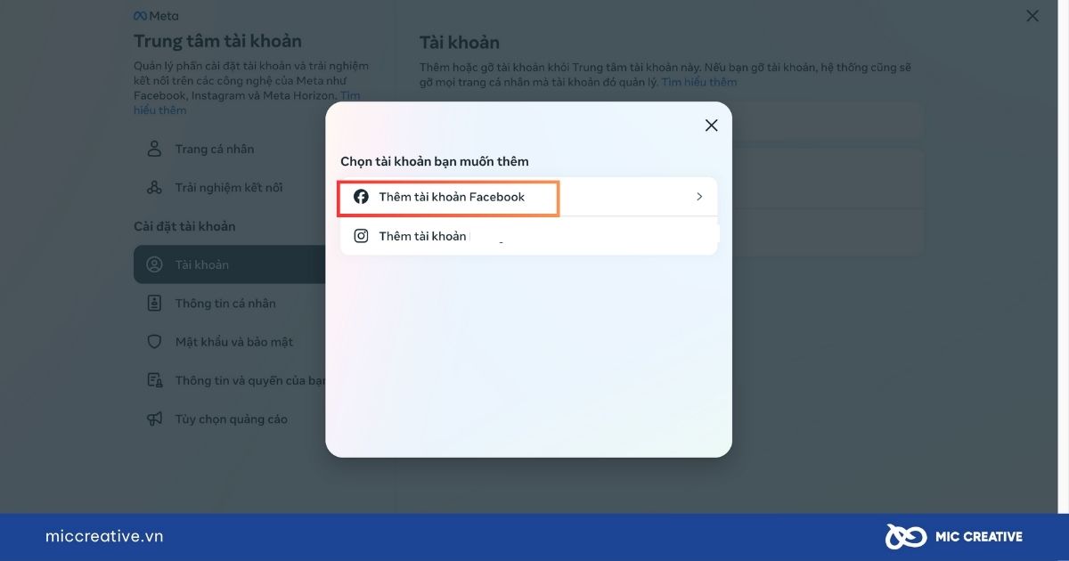 Chọn Thêm tài khoản Facebook