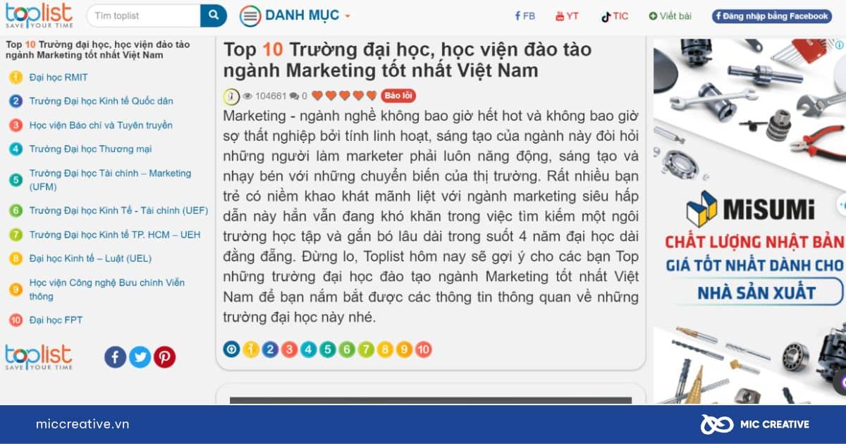 Bài viết giới thiệu toplist về trường đại học của MIC CREATIVE 