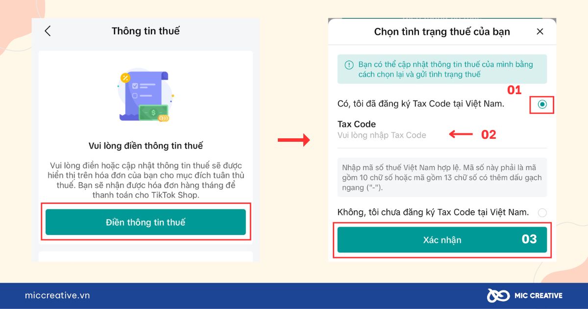 Điền thông tin thuế trên ứng dụng TikTok Seller