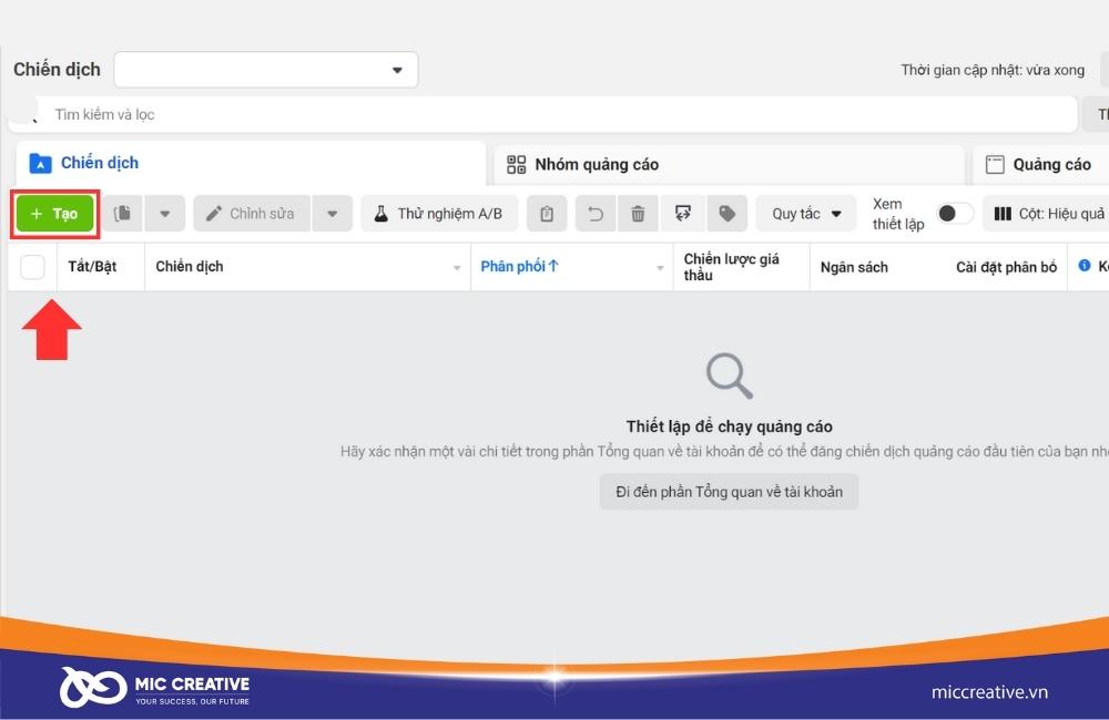 Chọn nút Tạo trong mục Chiến dịch quảng cáo