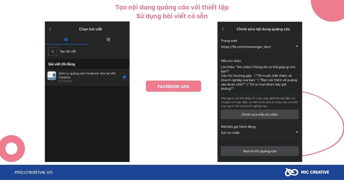 Tạo nội dung quảng cáo với thiết lập Sử dụng bài viết có sẵn