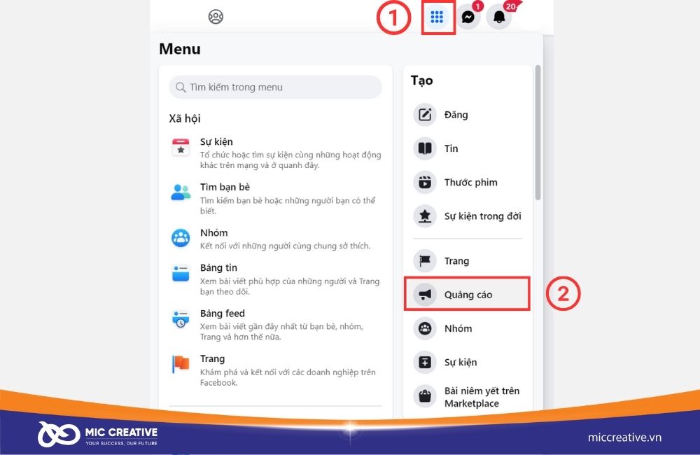 Truy cập vào mục quảng cáo trên trang chủ Facebook của bạn