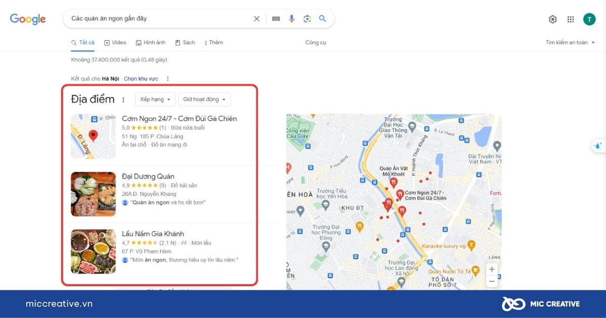 Ví dụ minh họa về SEO Google Maps khi tìm kiếm từ khóa trên SERP