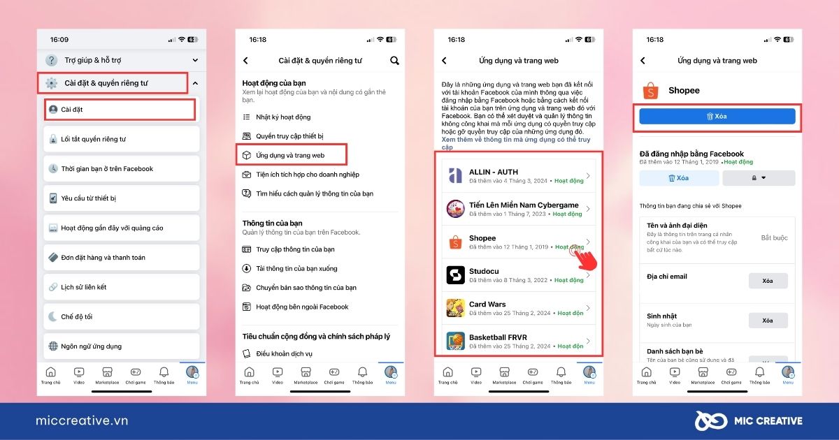 Xóa quảng cáo bằng việc huỷ liên kết Facebook với các App