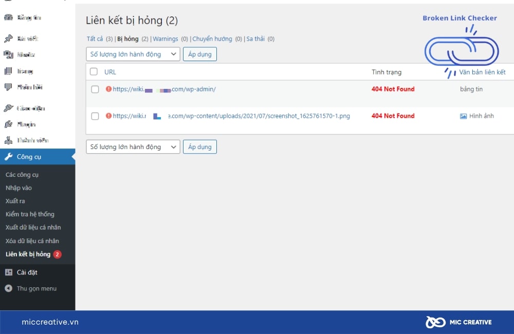 Giao diện Plugin Broken Link Checker