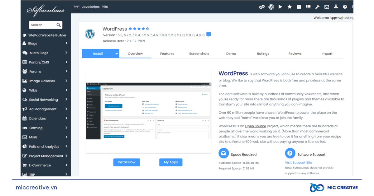 Giao diện cài đặt WordPress