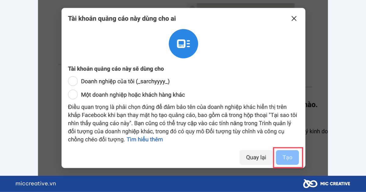 Chọn hồ sơ doanh nghiệp mà bạn muốn thêm tài khoản quảng cáo đó vào