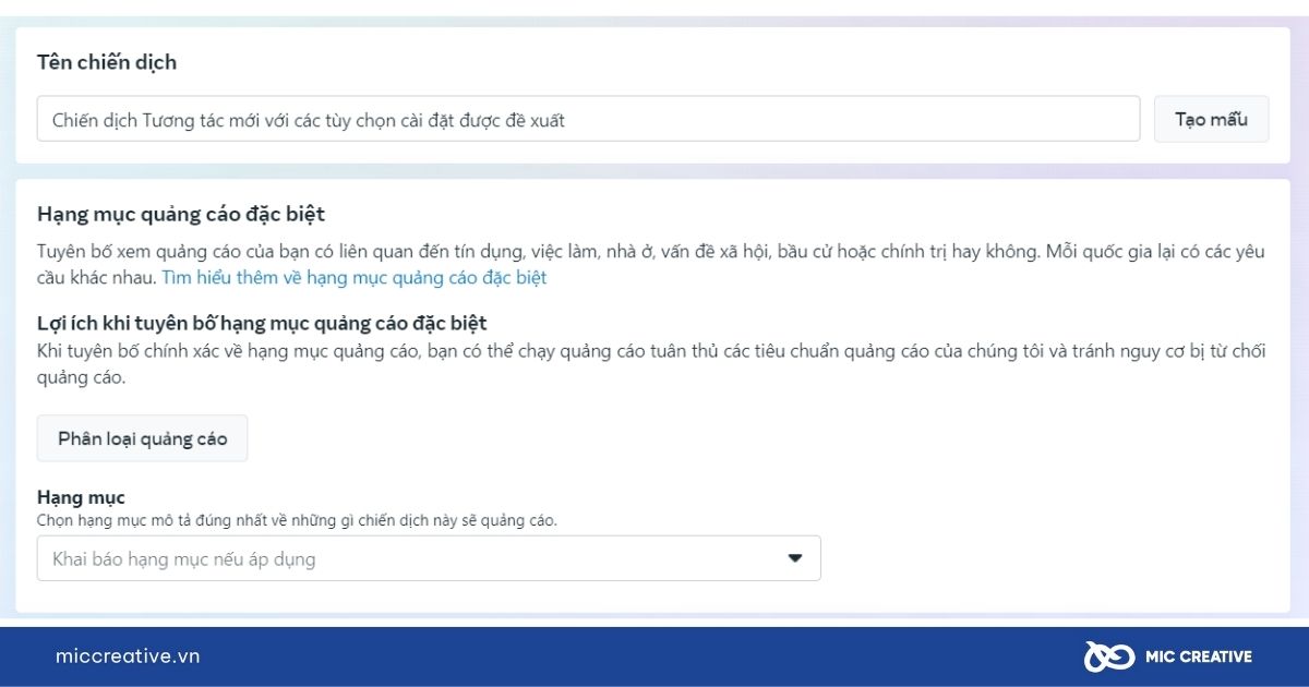 Điền tên chiến dịch và khai báo hạng mục quảng cáo đặc biệt