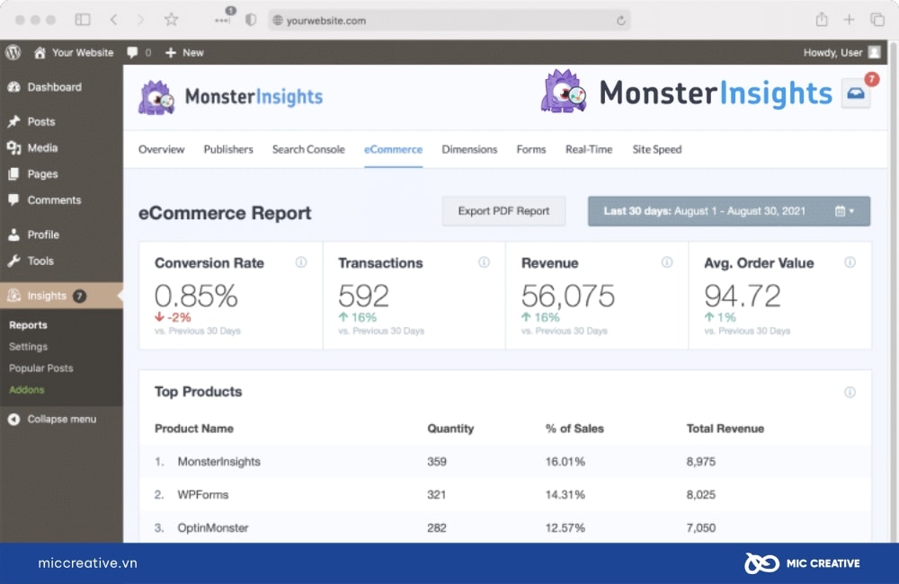 Giao diện chính của MonsterInsights