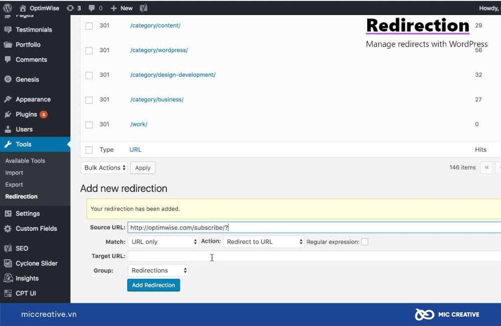 Giao diện Plugin Redirection