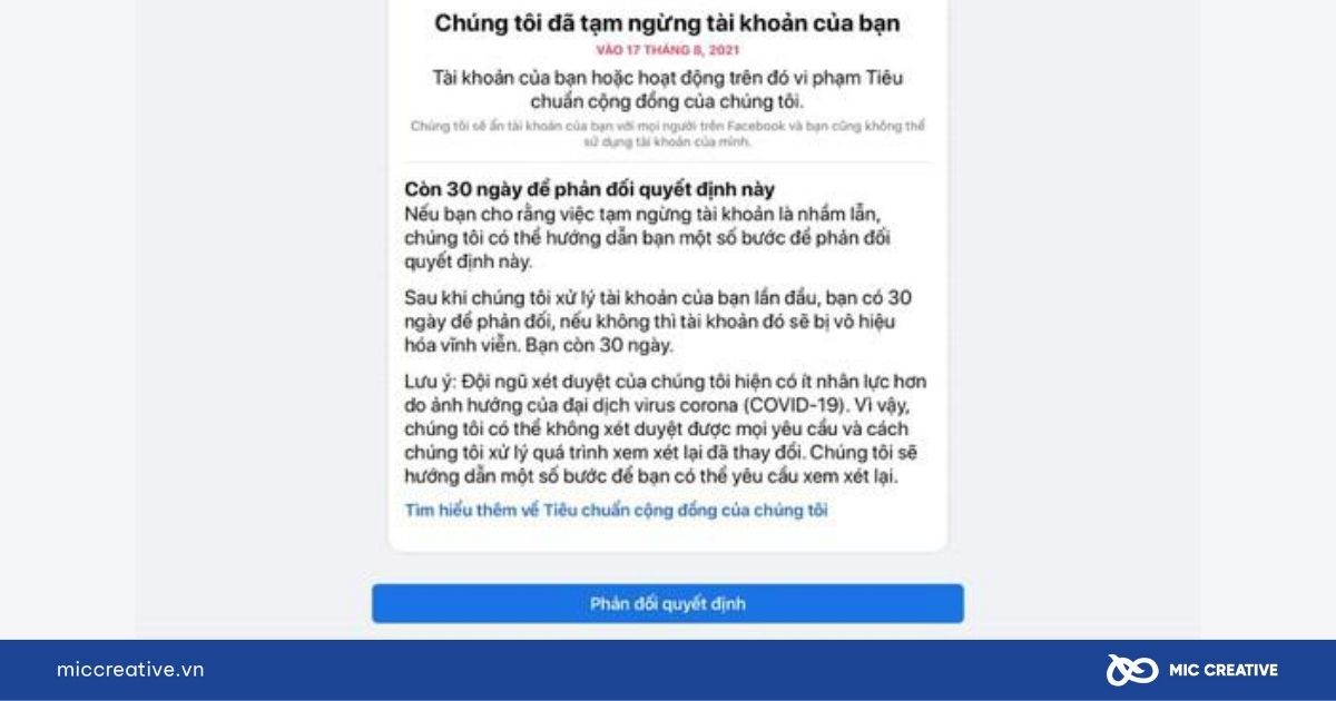 Thông báo vô hiệu hóa tài khoản 30 ngày