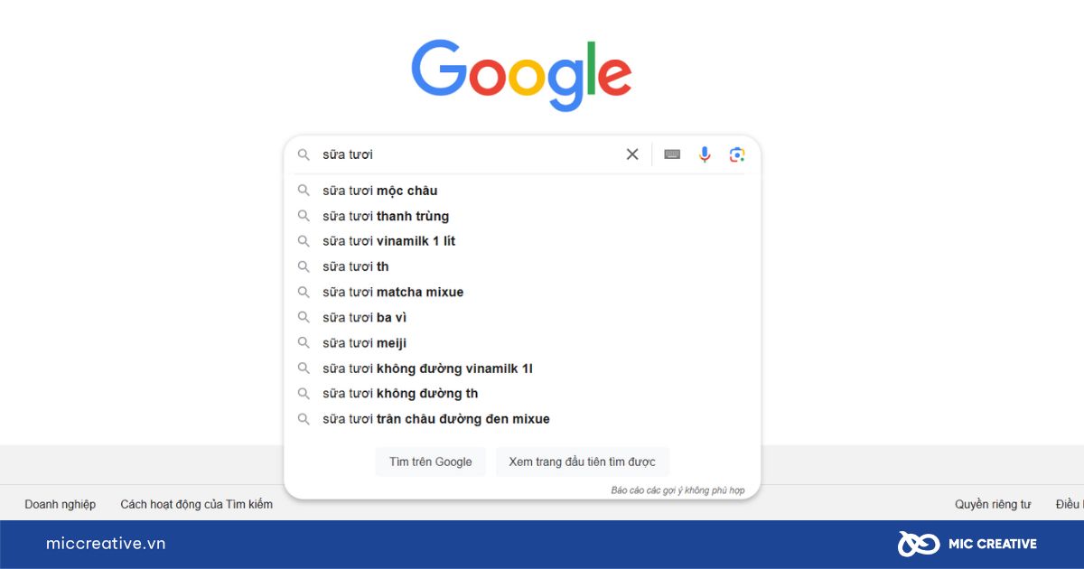 Gợi ý tìm kiếm của từ khóa sữa tươi trên thanh tìm kiếm