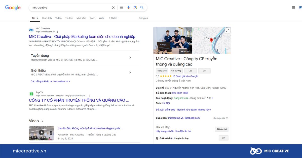 Trang kết quả tìm kiếm (SERP) của MIC Creative