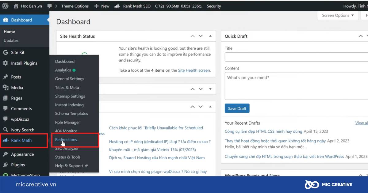 Chọn mục Redirections trong plugin Rank Math